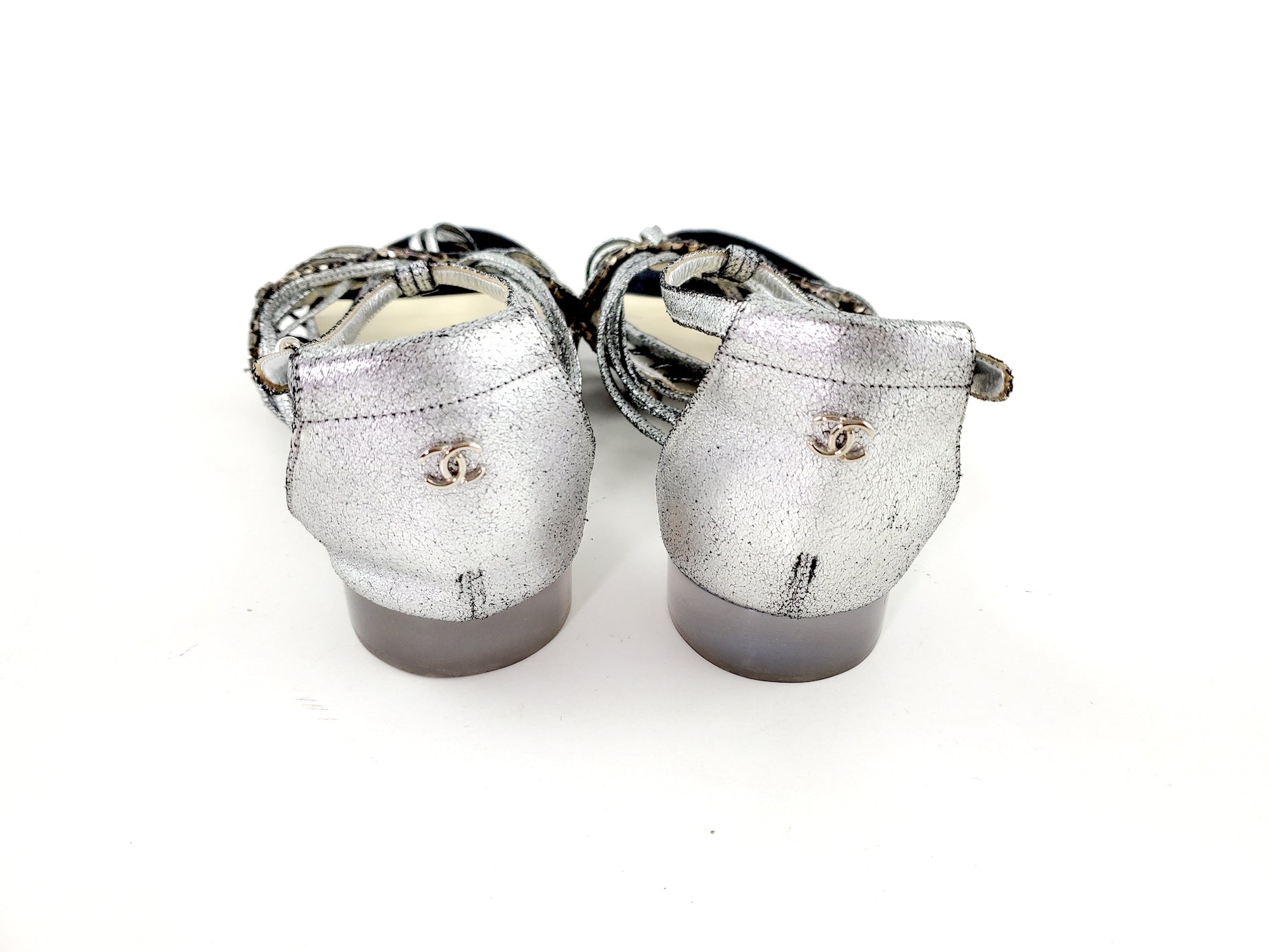 CHANEL Silver Metallic Embellished Black T Strap CC Logo Flat Sandals 41