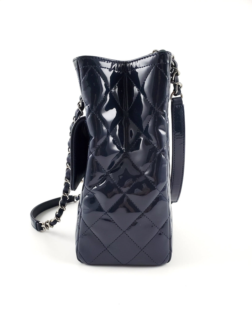CHANEL Coco Shine Small Navy Quilted Patent Pocket Shopping Tote