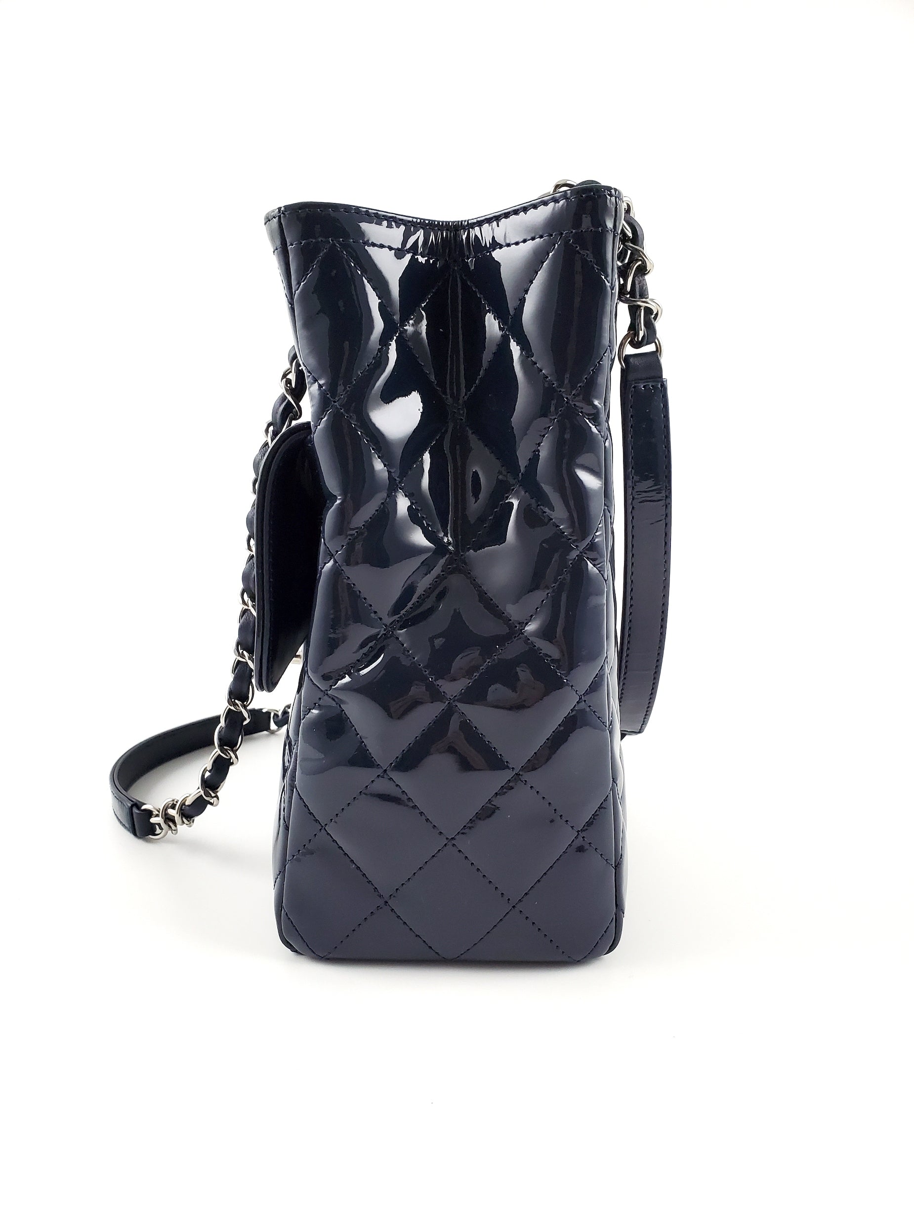 CHANEL Coco Shine Small Navy Quilted Patent Pocket Shopping Tote