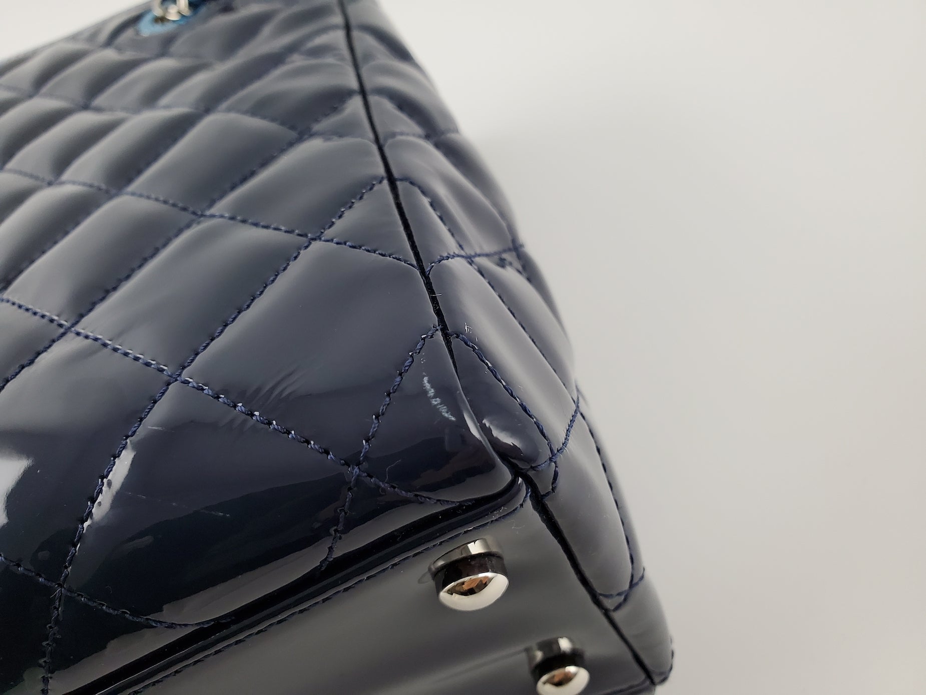 CHANEL Coco Shine Small Navy Quilted Patent Pocket Shopping Tote