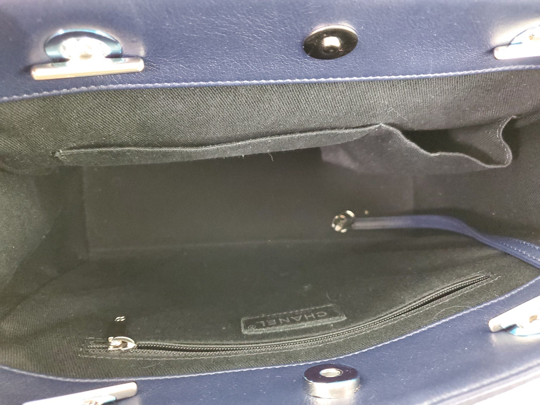 CHANEL Coco Shine Small Navy Quilted Patent Pocket Shopping Tote