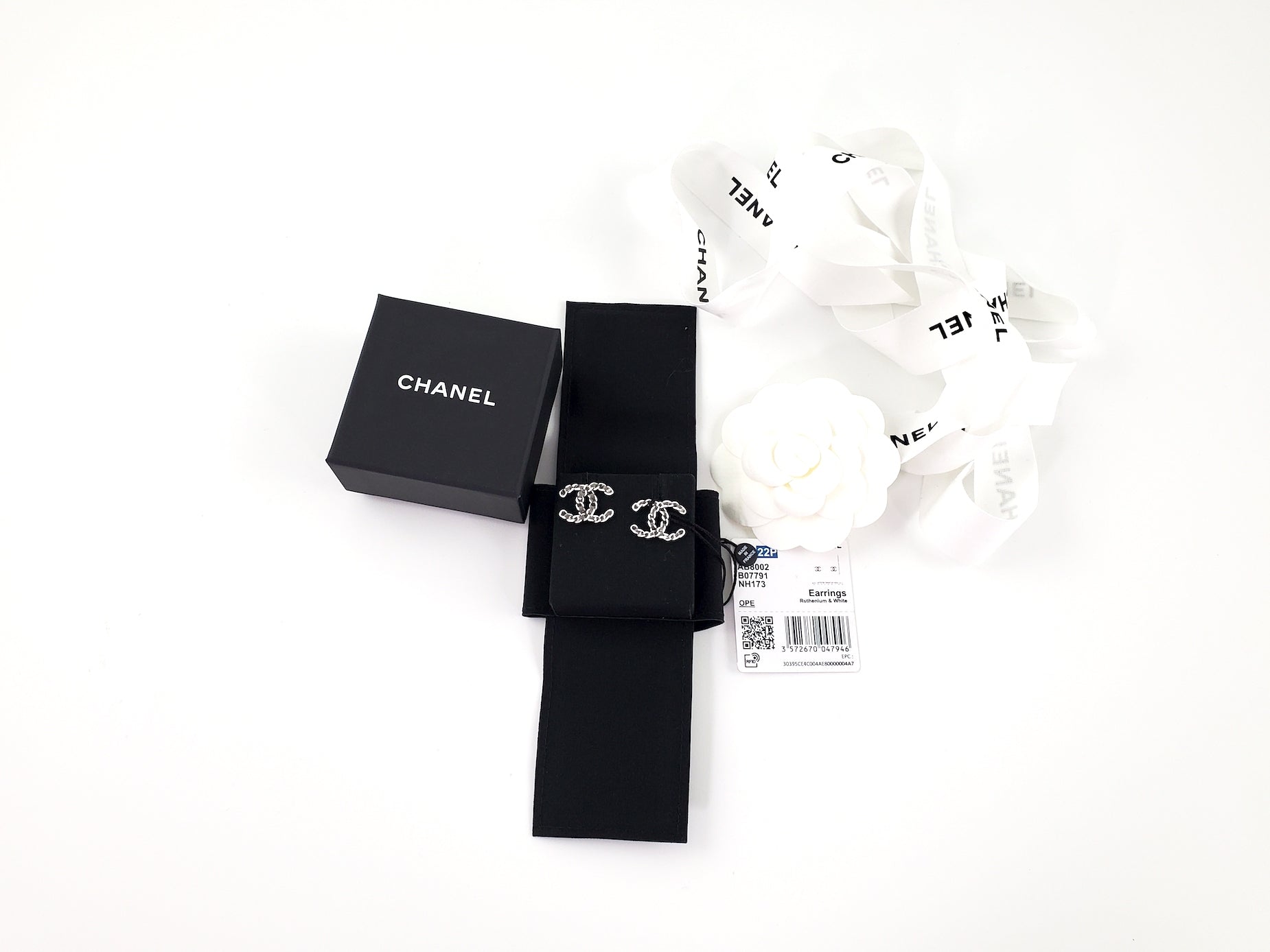 New CHANEL 22P CC Logo Ruthenium White Stud Earrings