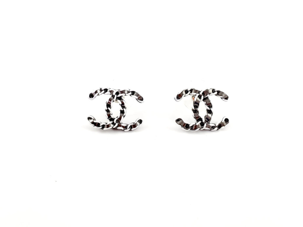 New CHANEL 22P CC Logo Ruthenium White Stud Earrings