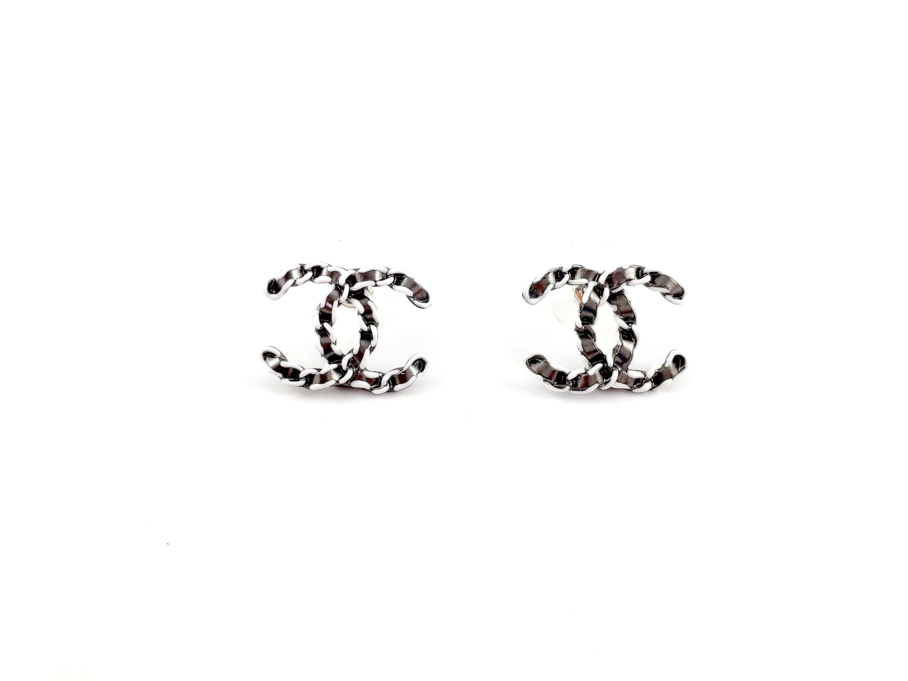 New CHANEL 22P CC Logo Ruthenium White Stud Earrings