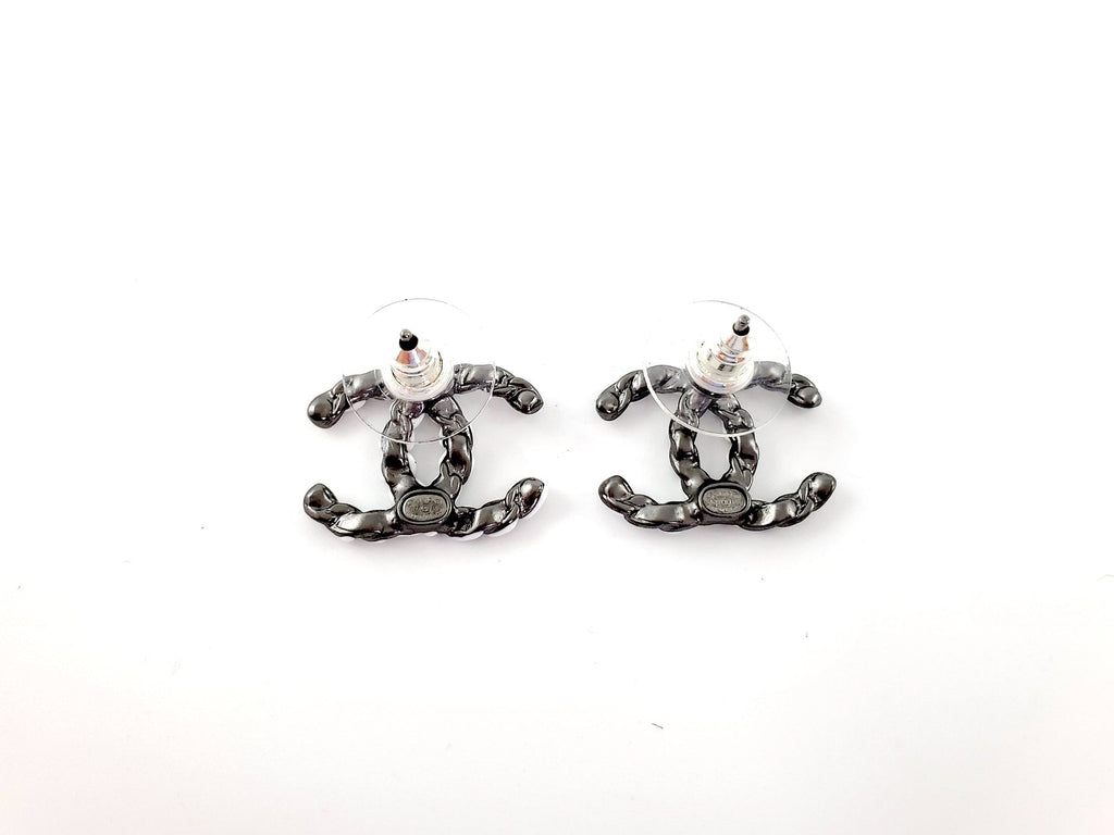 New CHANEL 22P CC Logo Ruthenium White Stud Earrings