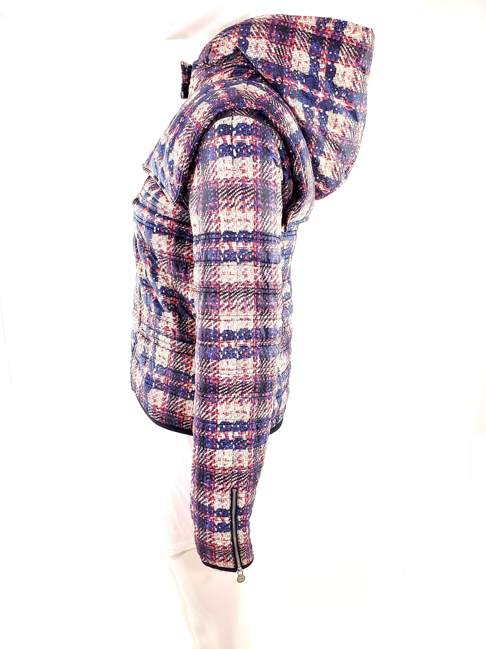 CHANEL 2014 Tweed Print Navy Beige Nylon Hooded Jacket 38