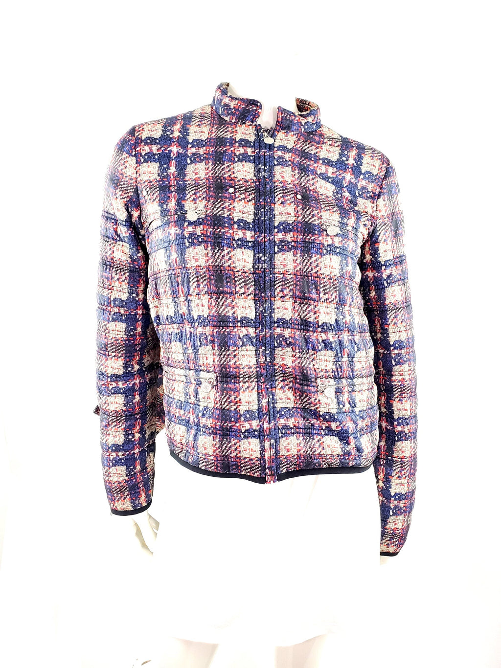 CHANEL 2014 Tweed Print Navy Beige Nylon Hooded Jacket 38