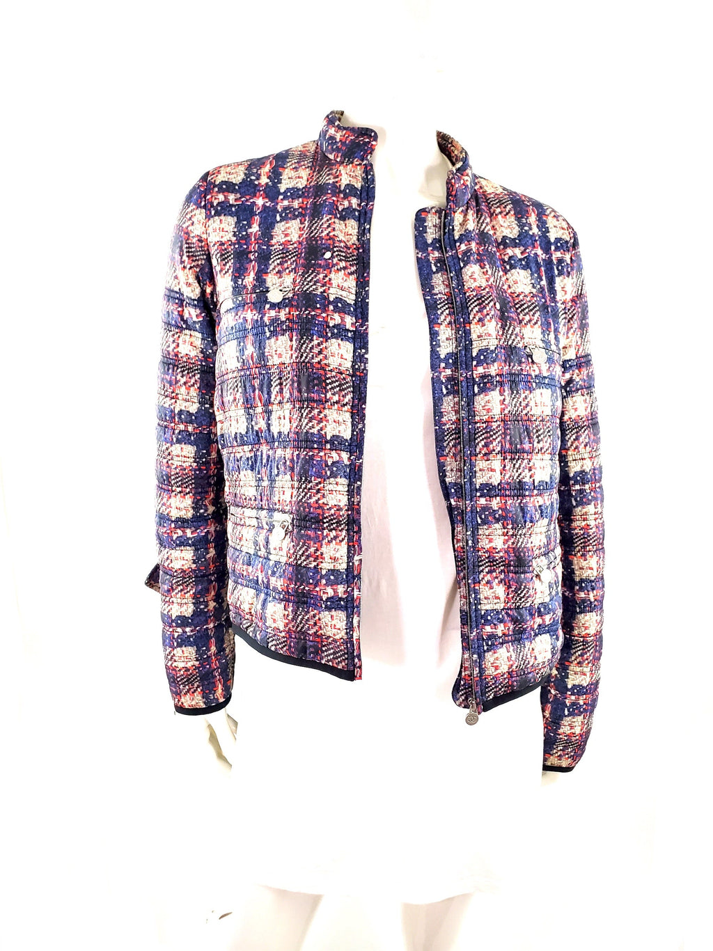 CHANEL 2014 Tweed Print Navy Beige Nylon Hooded Jacket 38