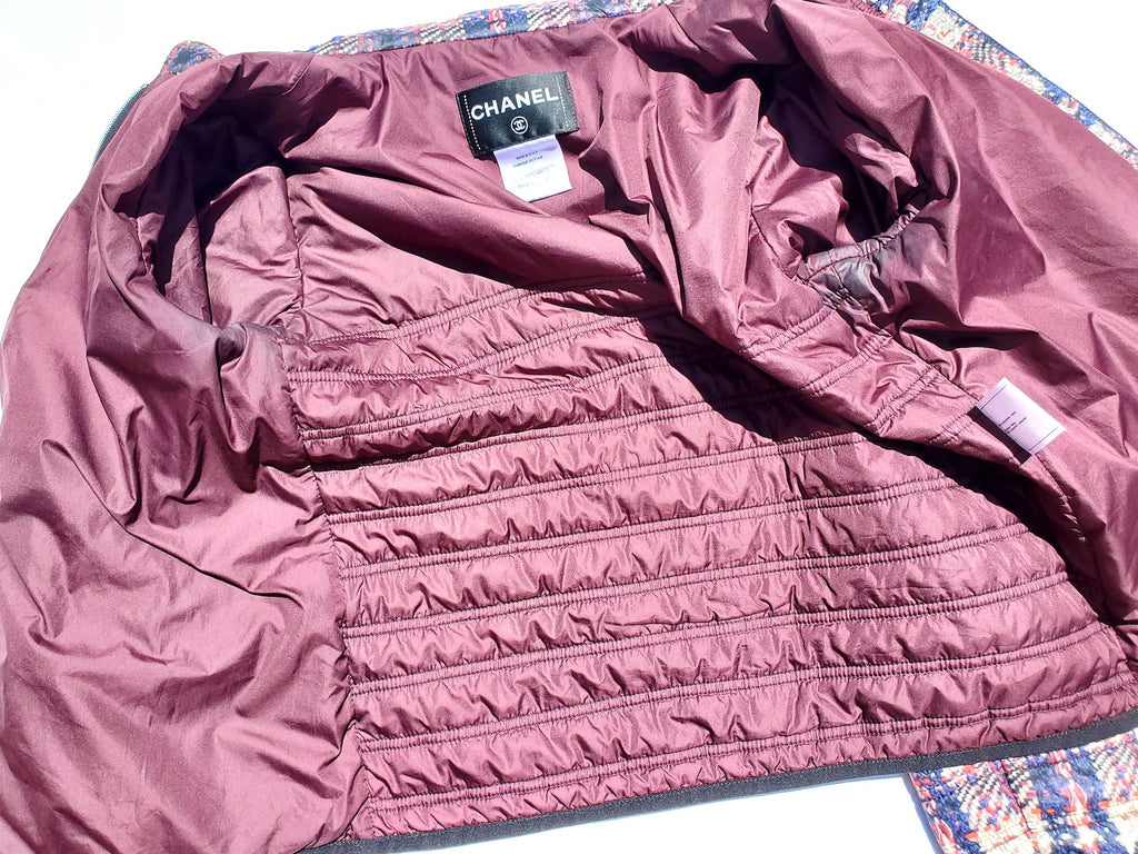CHANEL 2014 Tweed Print Navy Beige Nylon Hooded Jacket 38