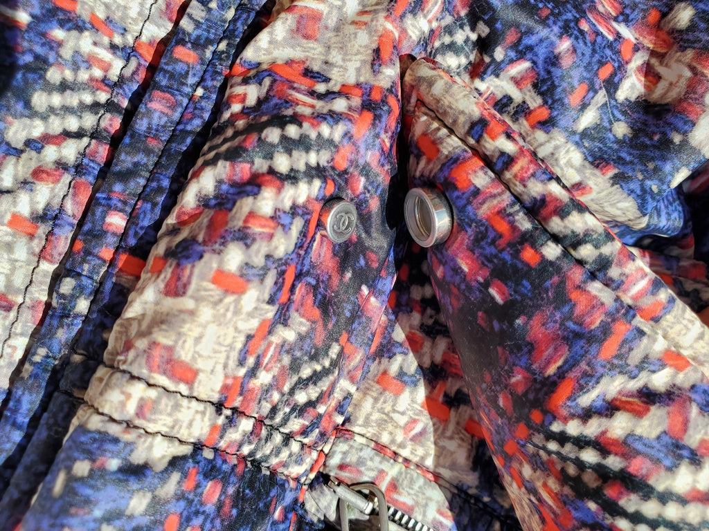 CHANEL 2014 Tweed Print Navy Beige Nylon Hooded Jacket 38