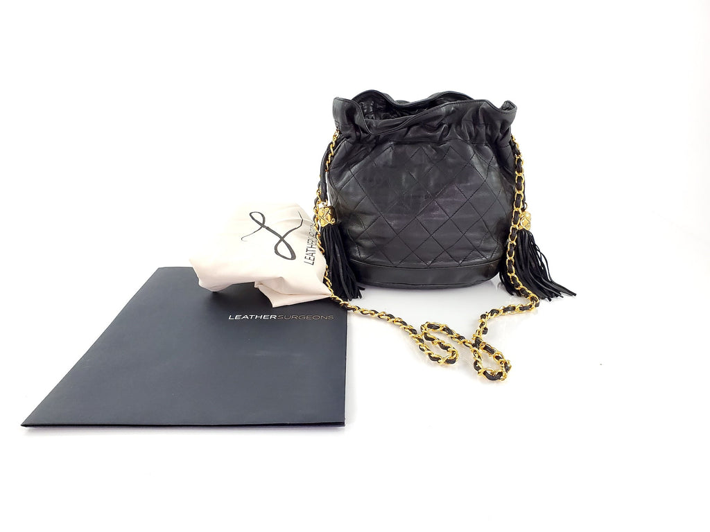 Vintage CHANEL 24k Gold Black Leather Quilted Bucket Bag