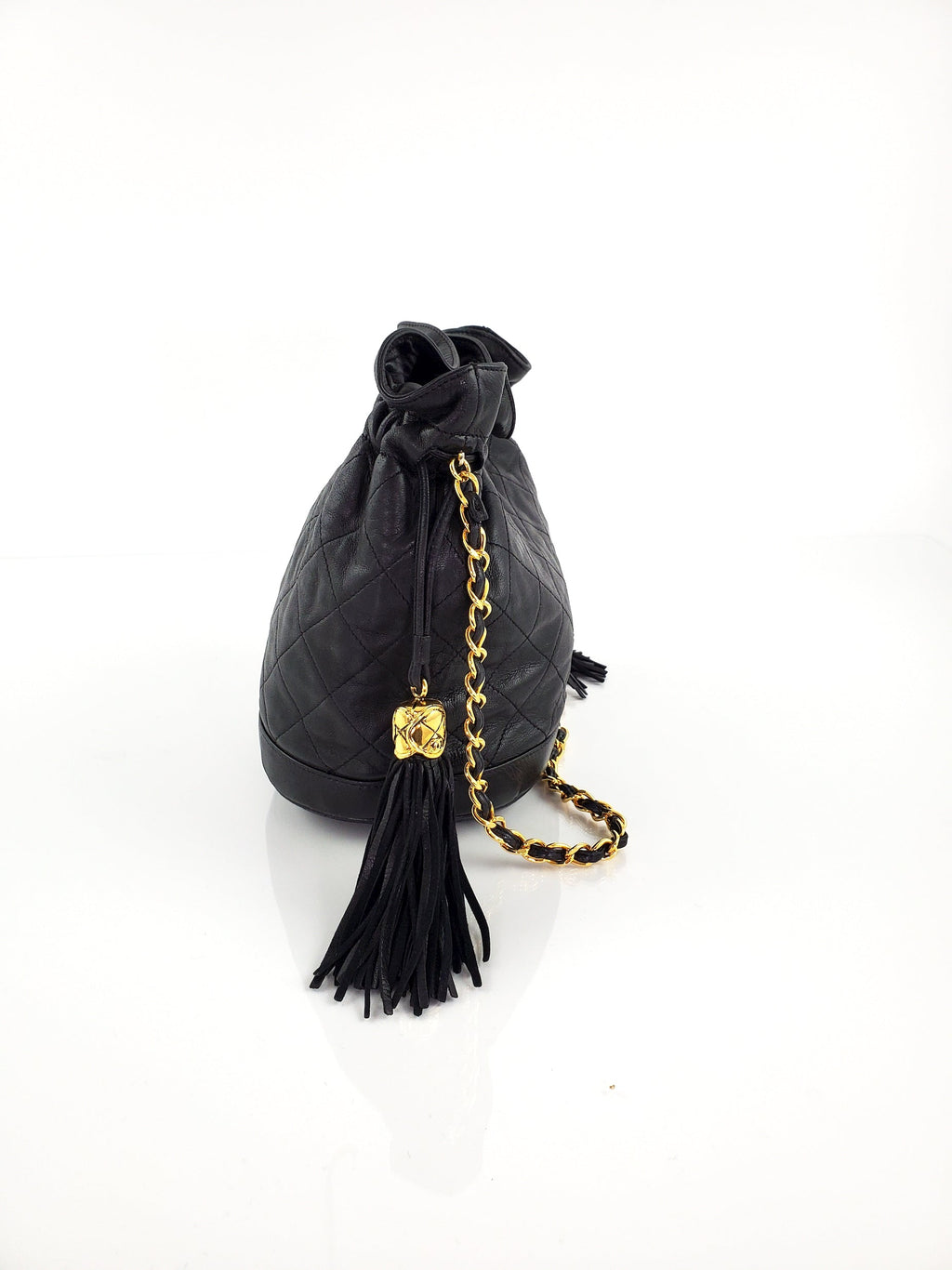 Vintage CHANEL 24k Gold Black Leather Quilted Bucket Bag