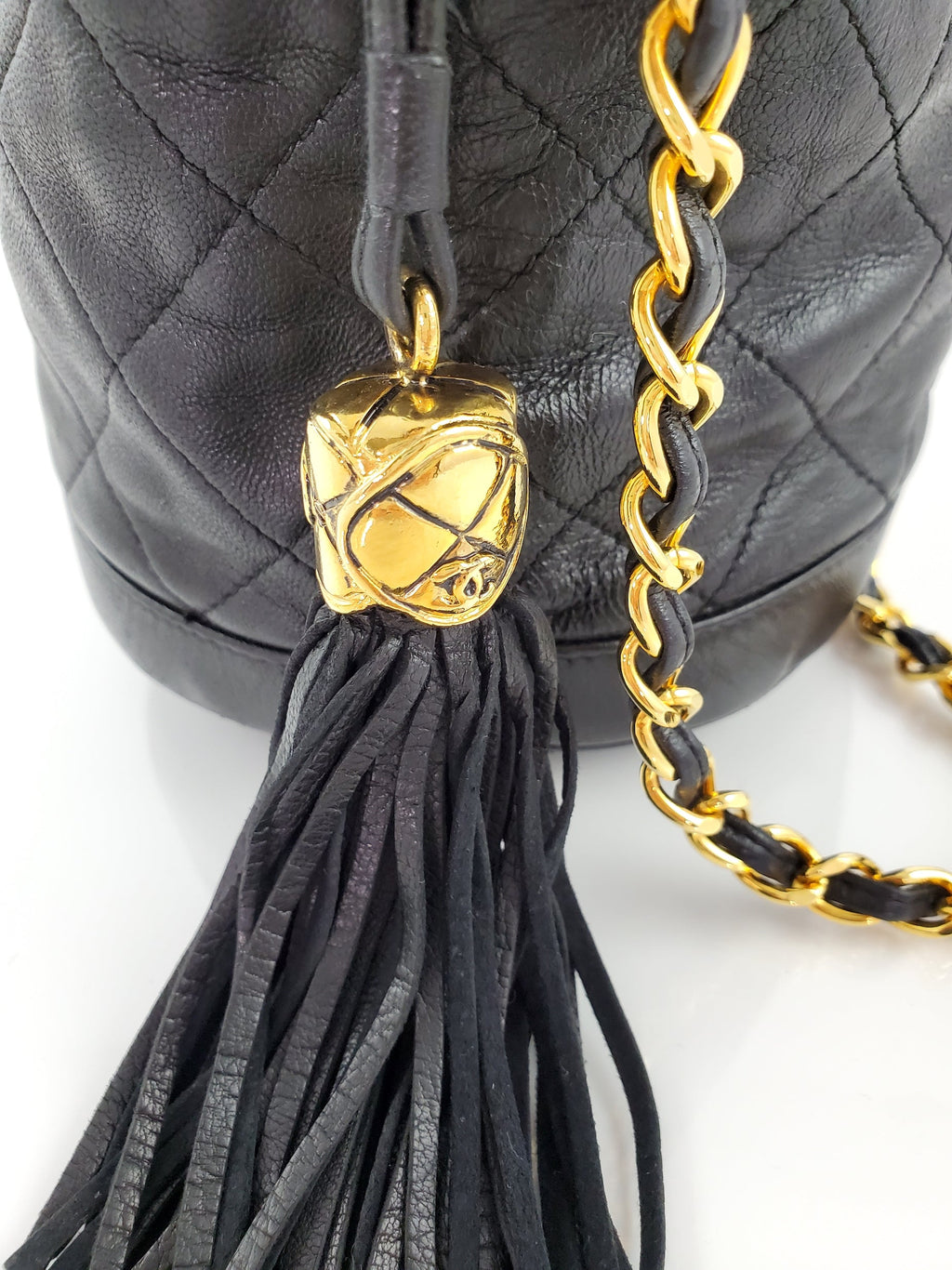 Vintage CHANEL 24k Gold Black Leather Quilted Bucket Bag