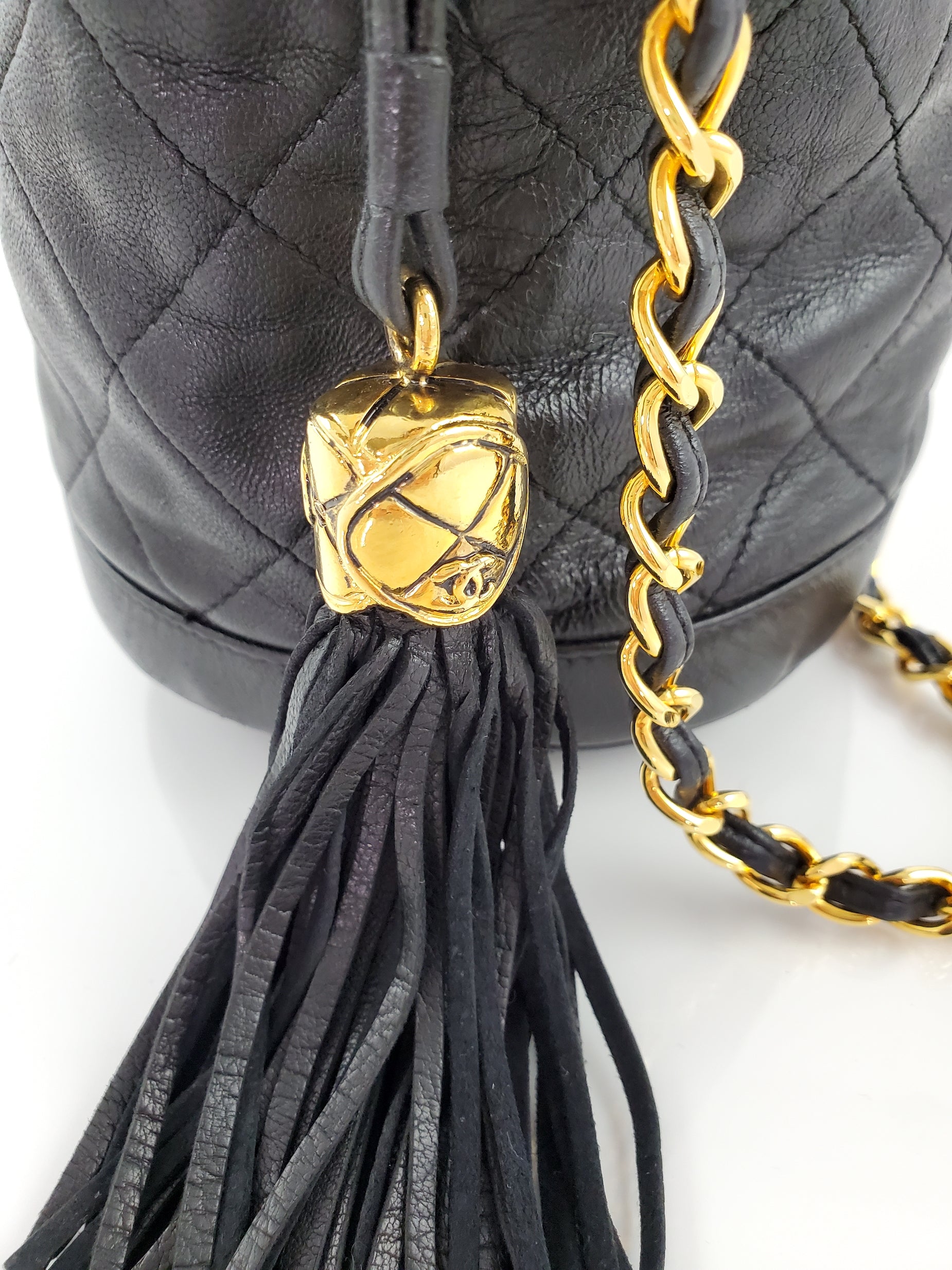 Vintage CHANEL 24k Gold Black Leather Quilted Bucket Bag