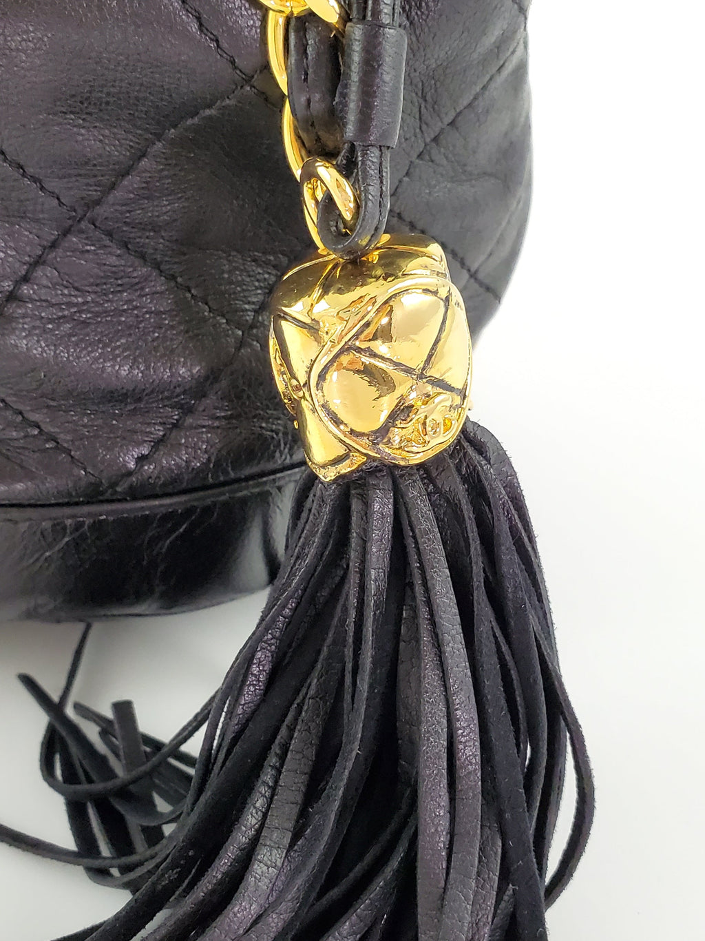 Vintage CHANEL 24k Gold Black Leather Quilted Bucket Bag