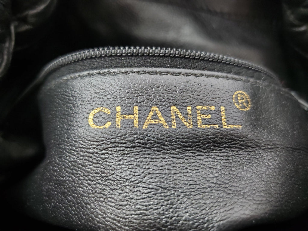 Vintage CHANEL 24k Gold Black Leather Quilted Bucket Bag
