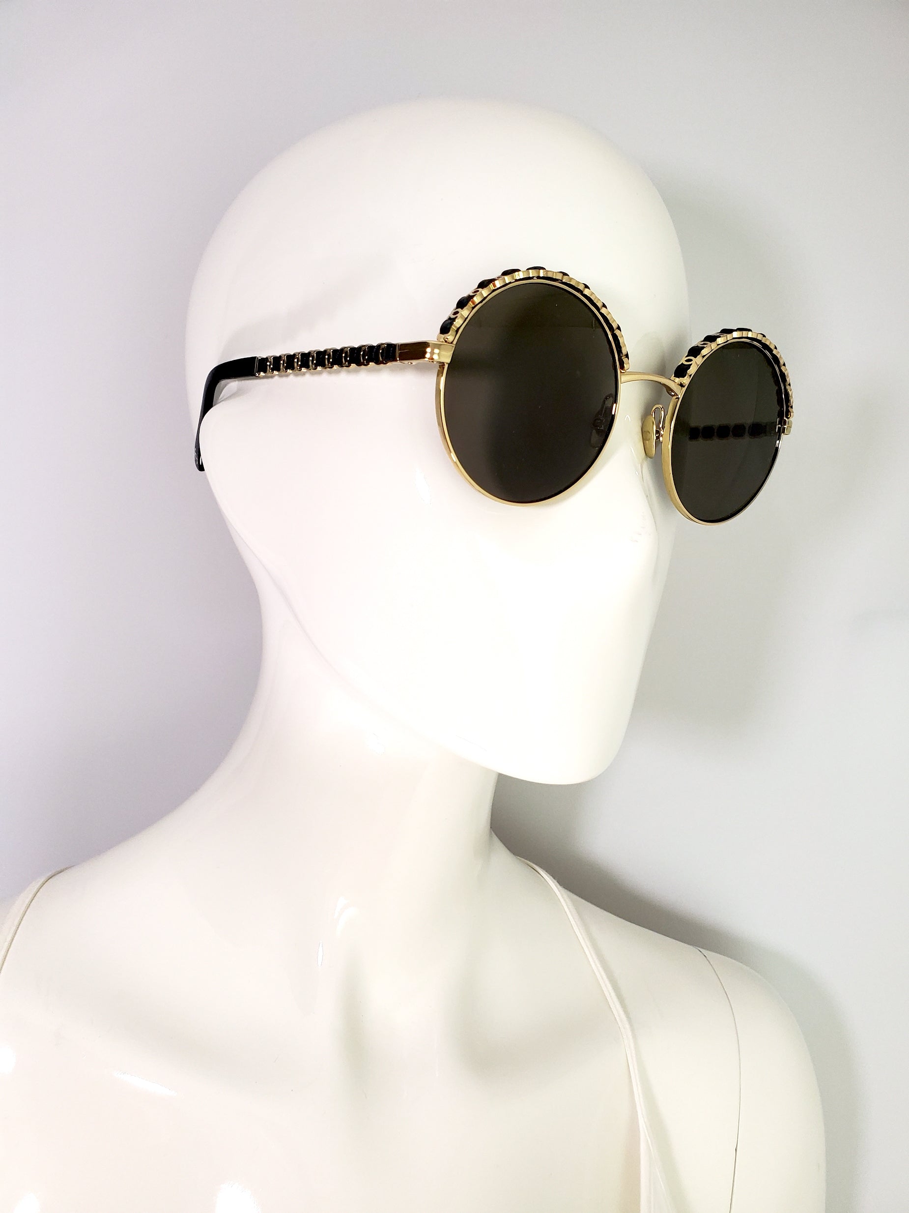 New In Stores Now CHANEL 4265Q Round Gold Black Metal Leather Sunglasses