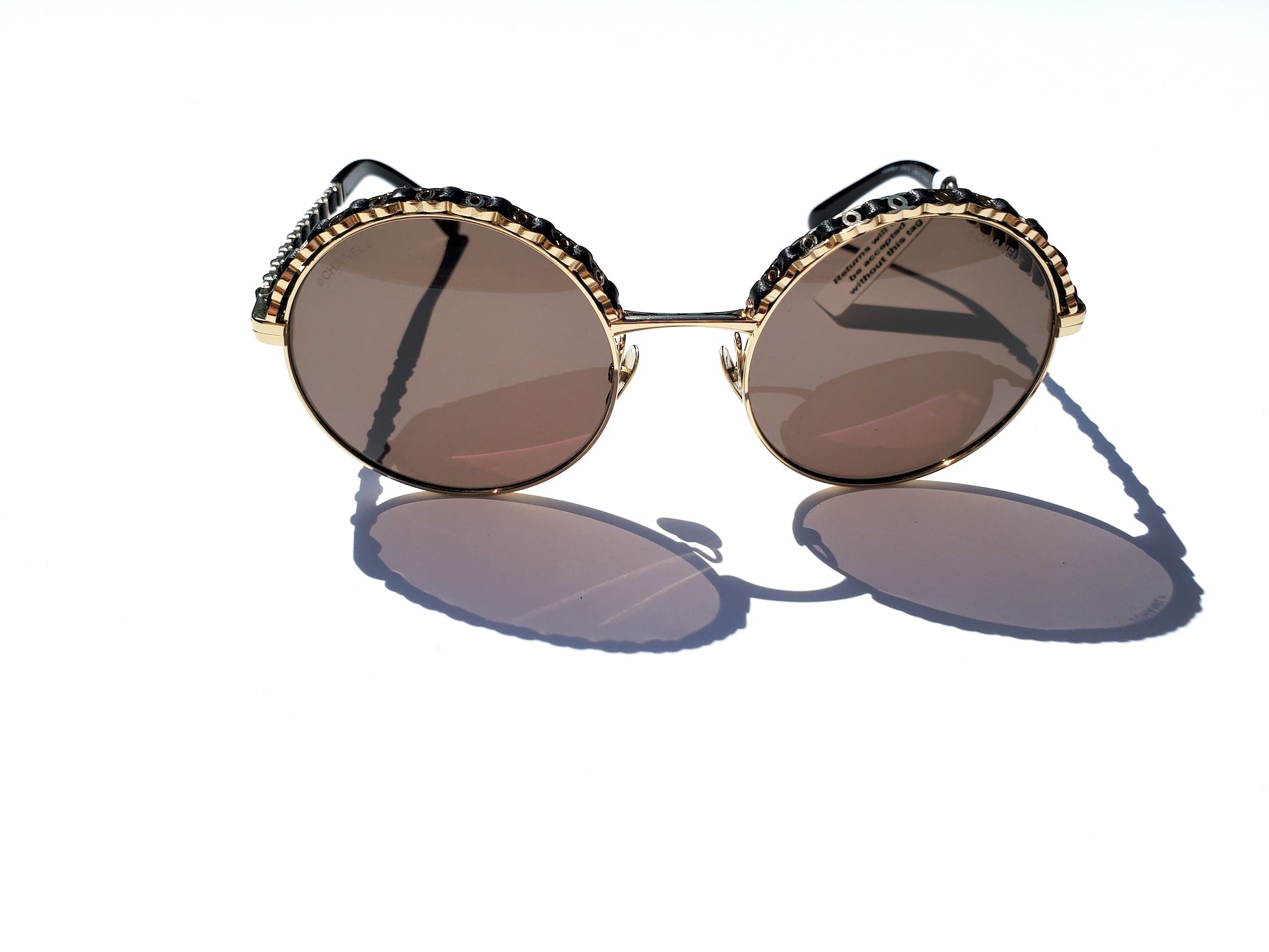 New In Stores Now CHANEL 4265Q Round Gold Black Metal Leather Sunglasses