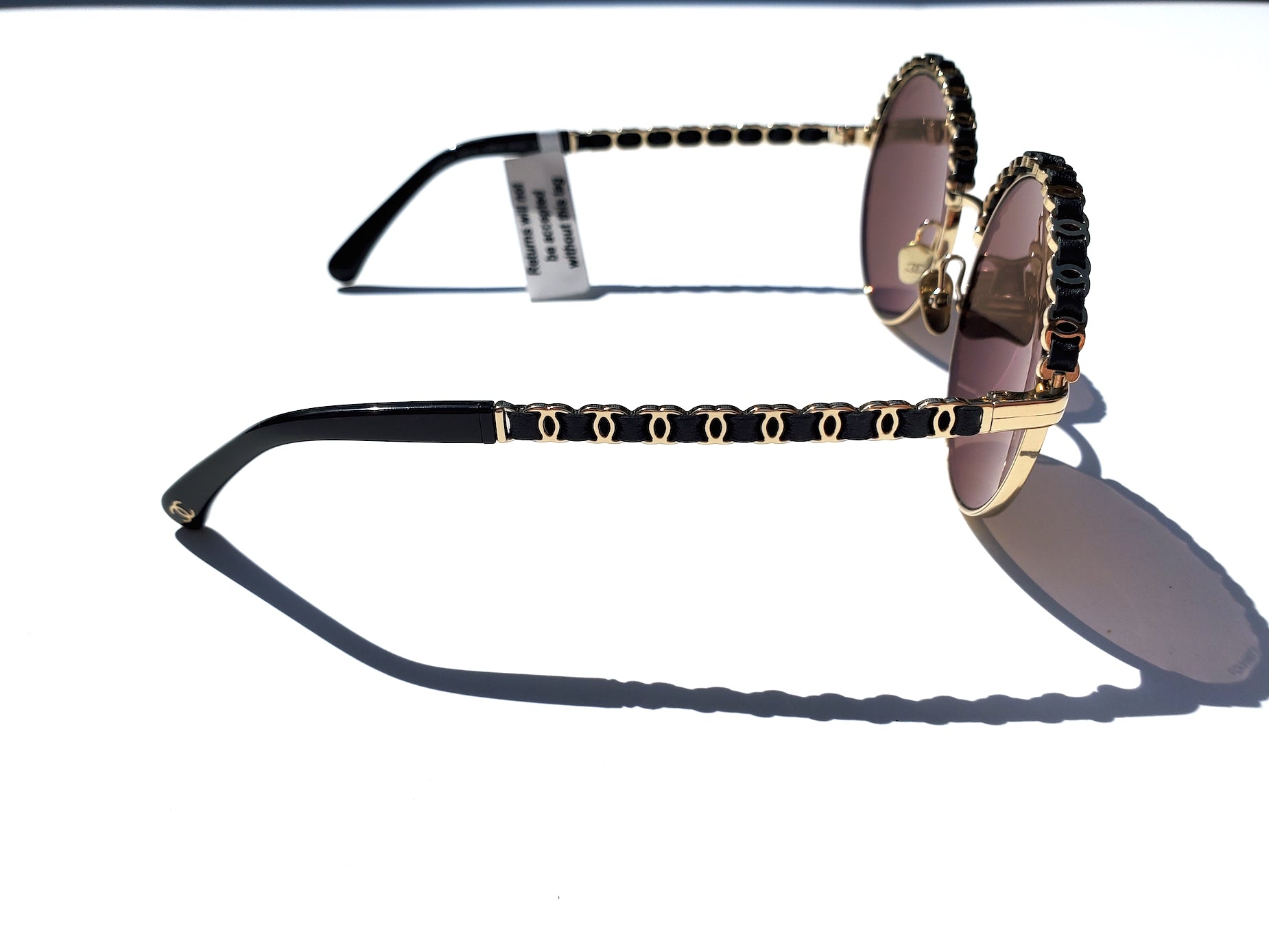 New In Stores Now CHANEL 4265Q Round Gold Black Metal Leather Sunglasses