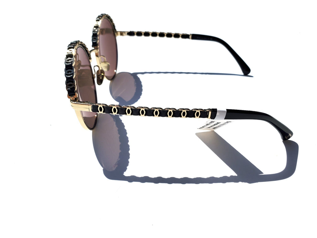 New In Stores Now CHANEL 4265Q Round Gold Black Metal Leather Sunglasses