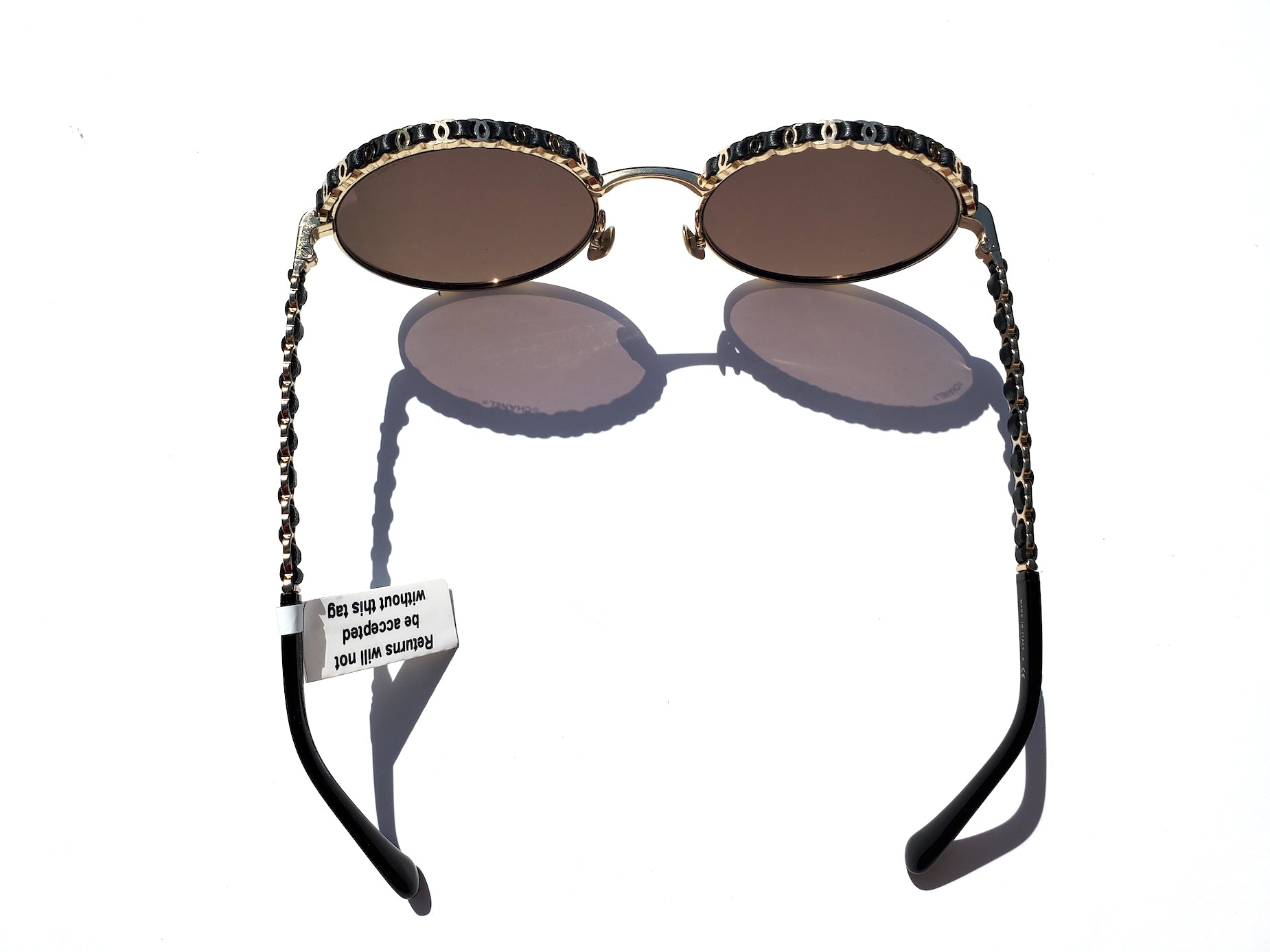 New In Stores Now CHANEL 4265Q Round Gold Black Metal Leather Sunglasses