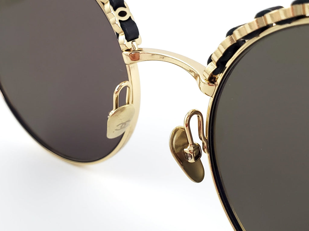 New In Stores Now CHANEL 4265Q Round Gold Black Metal Leather Sunglasses