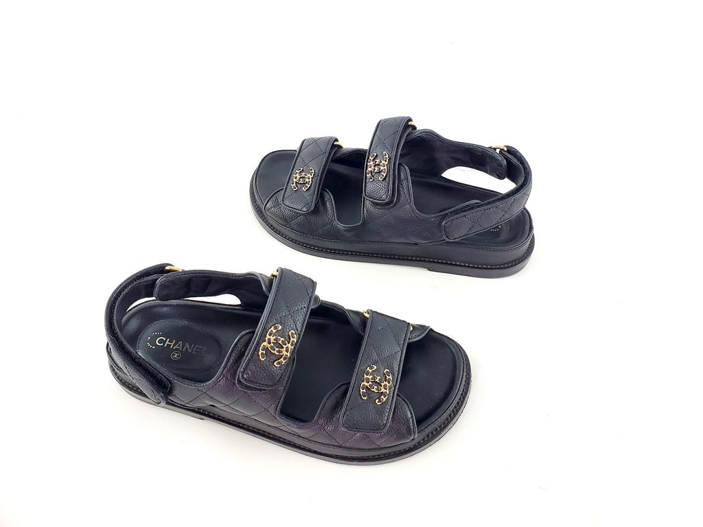 CHANEL 2020 Black Quilted Leather Dad Sandals 36.5