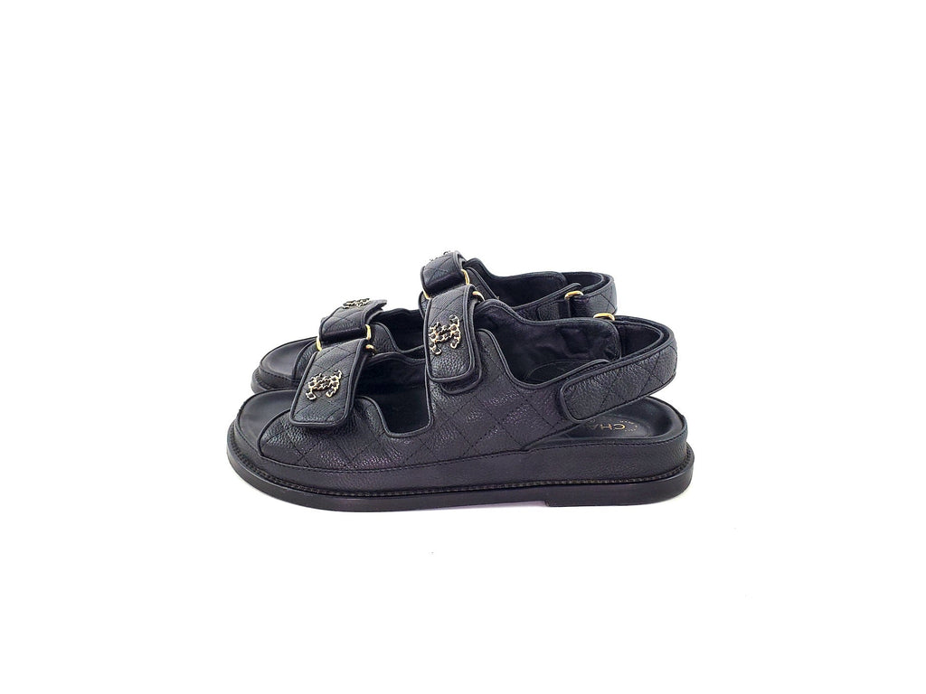 CHANEL 2020 Black Quilted Leather Dad Sandals 36.5