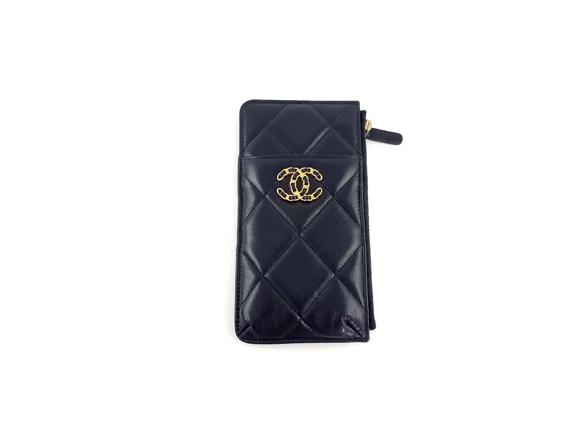 CHANEL 19 2020 Black Goatskin Quilted Phone  Holder