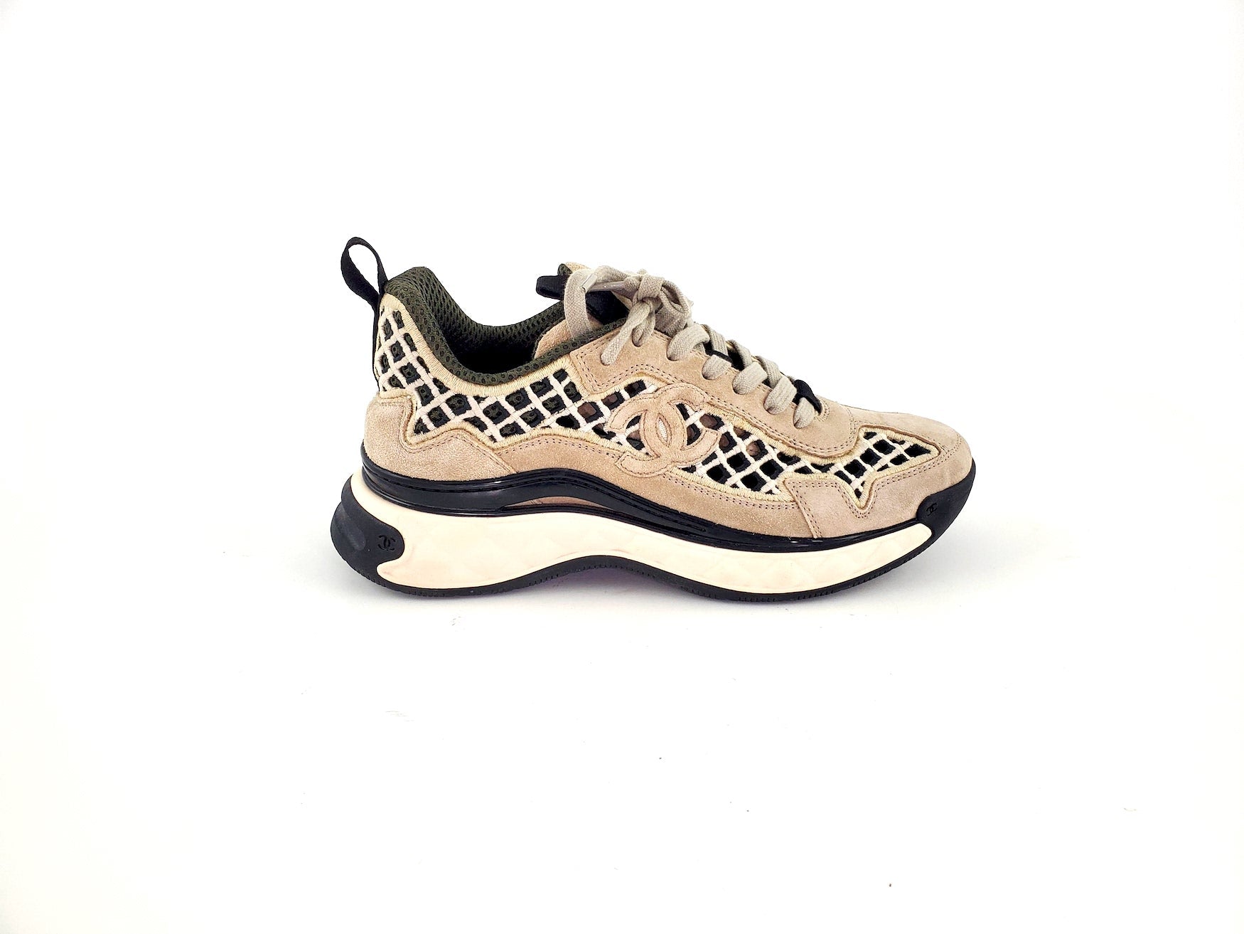 CHANEL 2021 Beige Suede Perforated Logo Sneakers 37.5