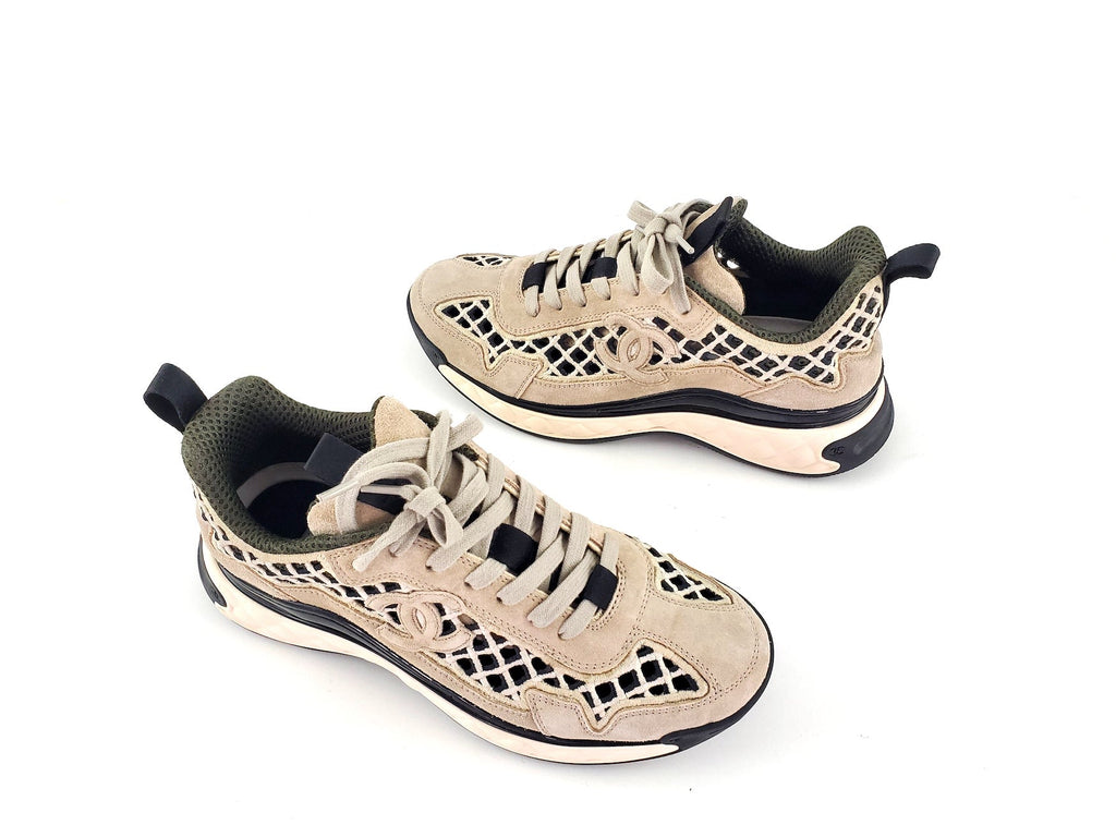 CHANEL 2021 Beige Suede Perforated Logo Sneakers 37.5