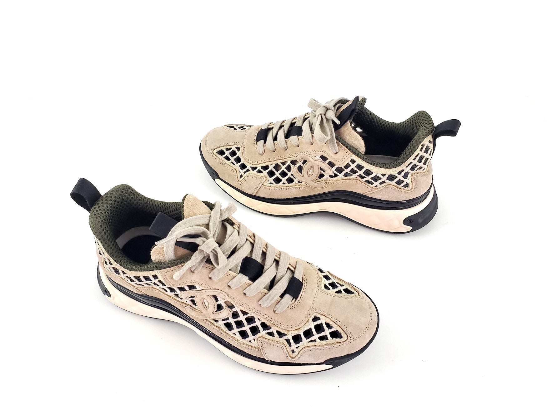 CHANEL 2021 Beige Suede Perforated Logo Sneakers 37.5