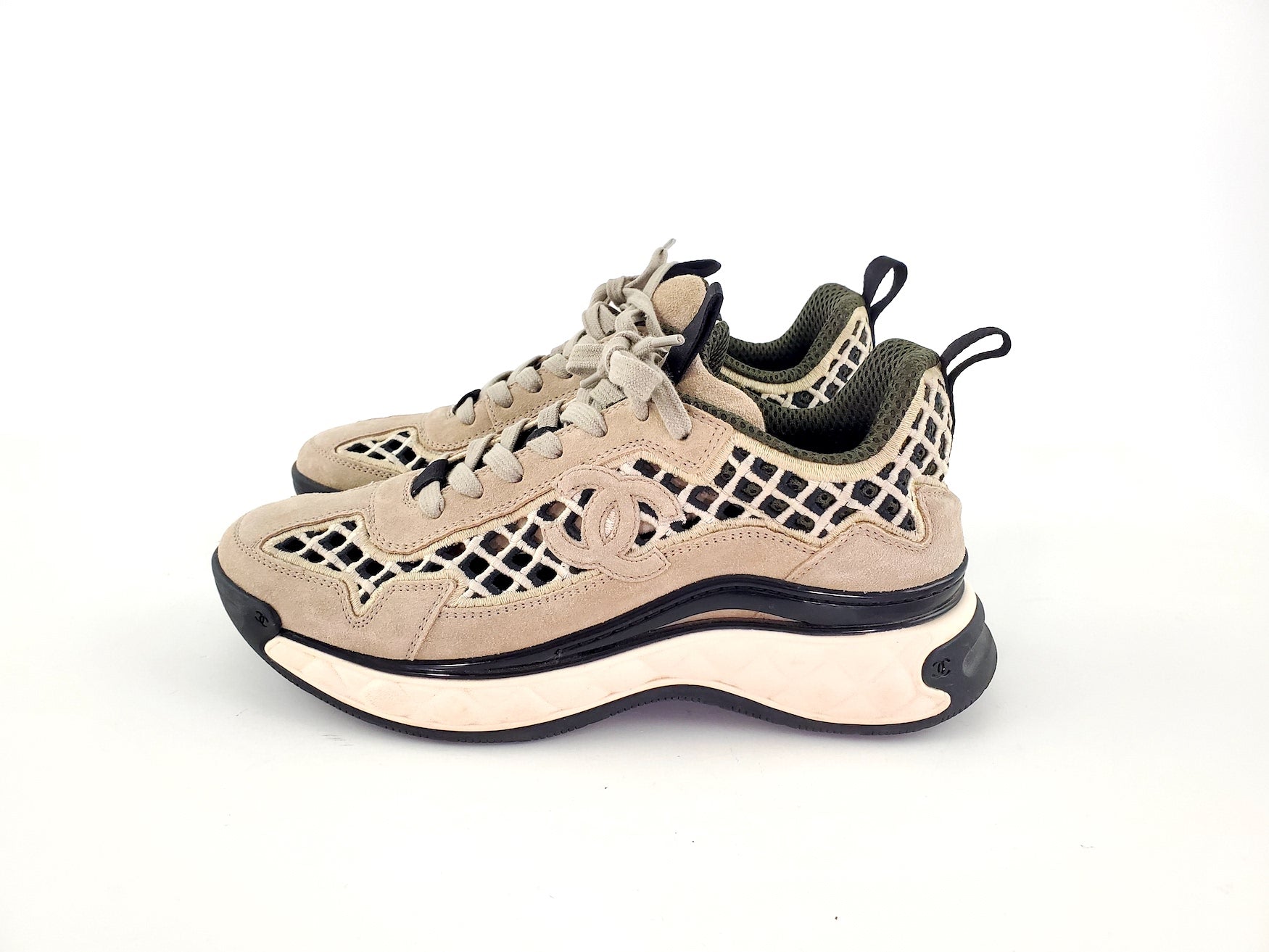 CHANEL 2021 Beige Suede Perforated Logo Sneakers 37.5