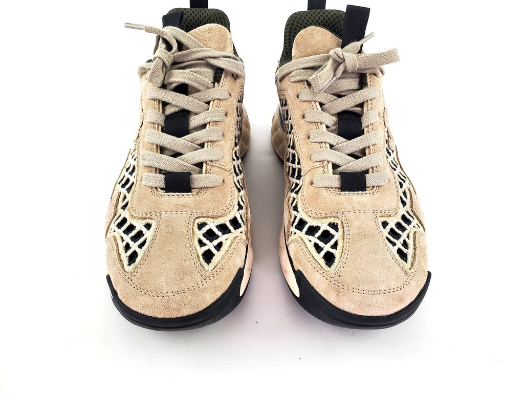 CHANEL 2021 Beige Suede Perforated Logo Sneakers 37.5