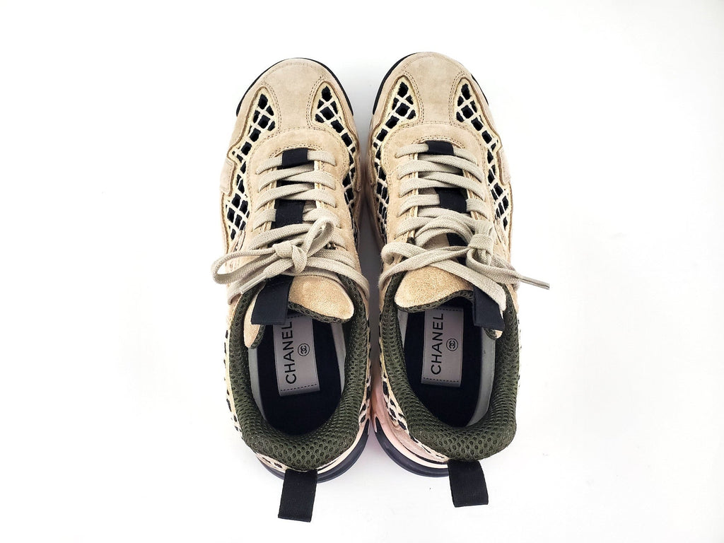 CHANEL 2021 Beige Suede Perforated Logo Sneakers 37.5