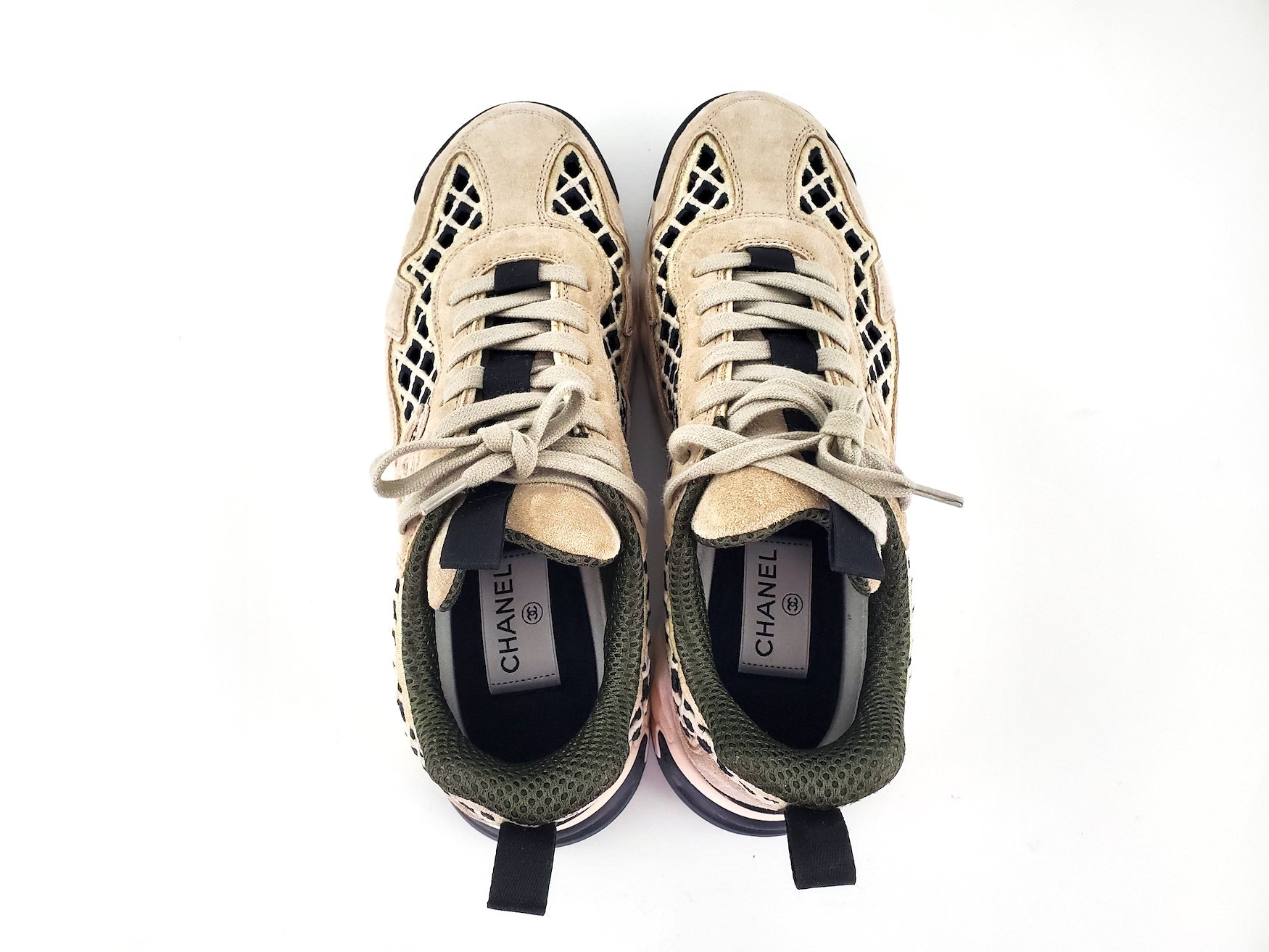 CHANEL 2021 Beige Suede Perforated Logo Sneakers 37.5