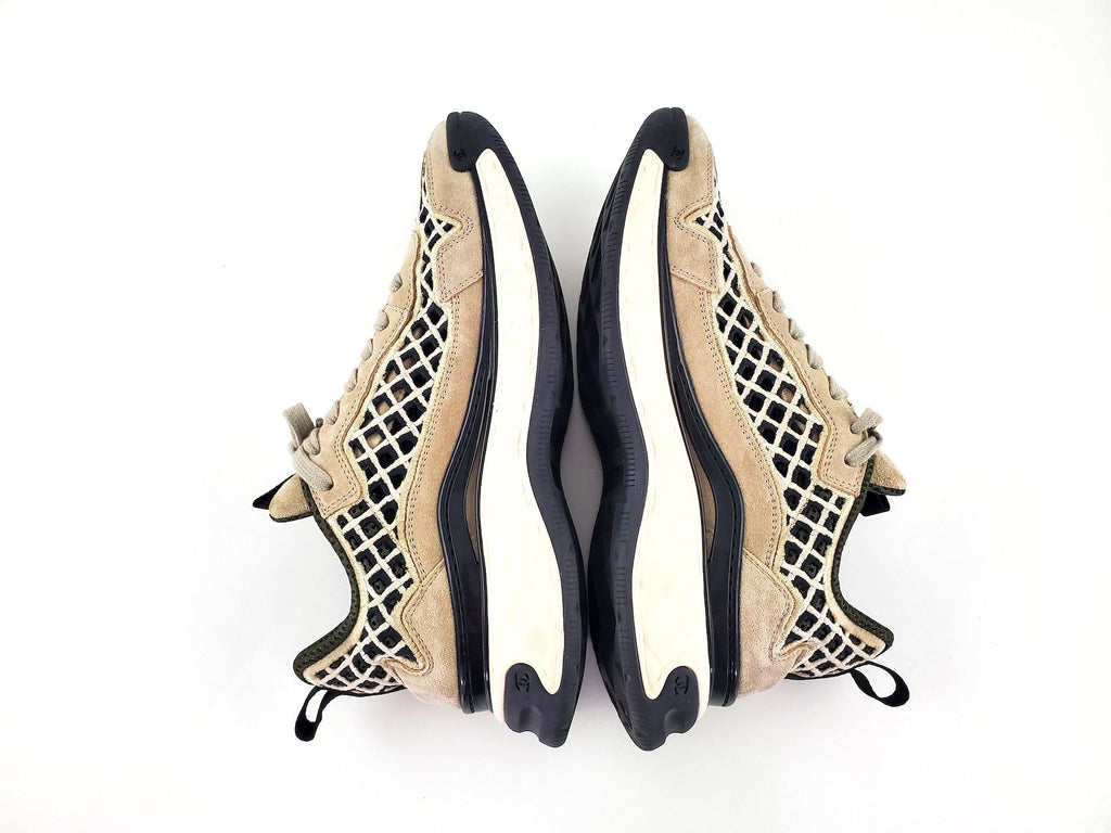 CHANEL 2021 Beige Suede Perforated Logo Sneakers 37.5
