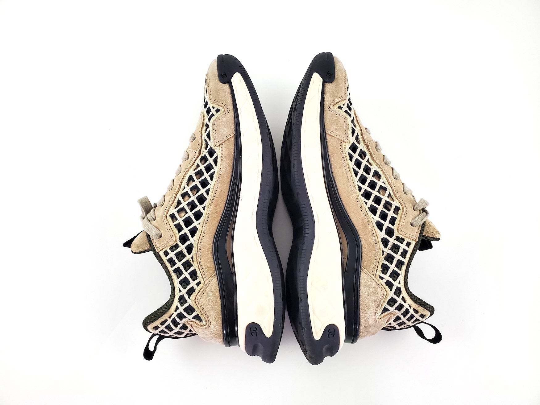 CHANEL 2021 Beige Suede Perforated Logo Sneakers 37.5