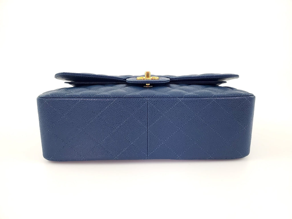 CHANEL Blue 2018 Caviar Jumbo Classic Quilted Double Flap Bag