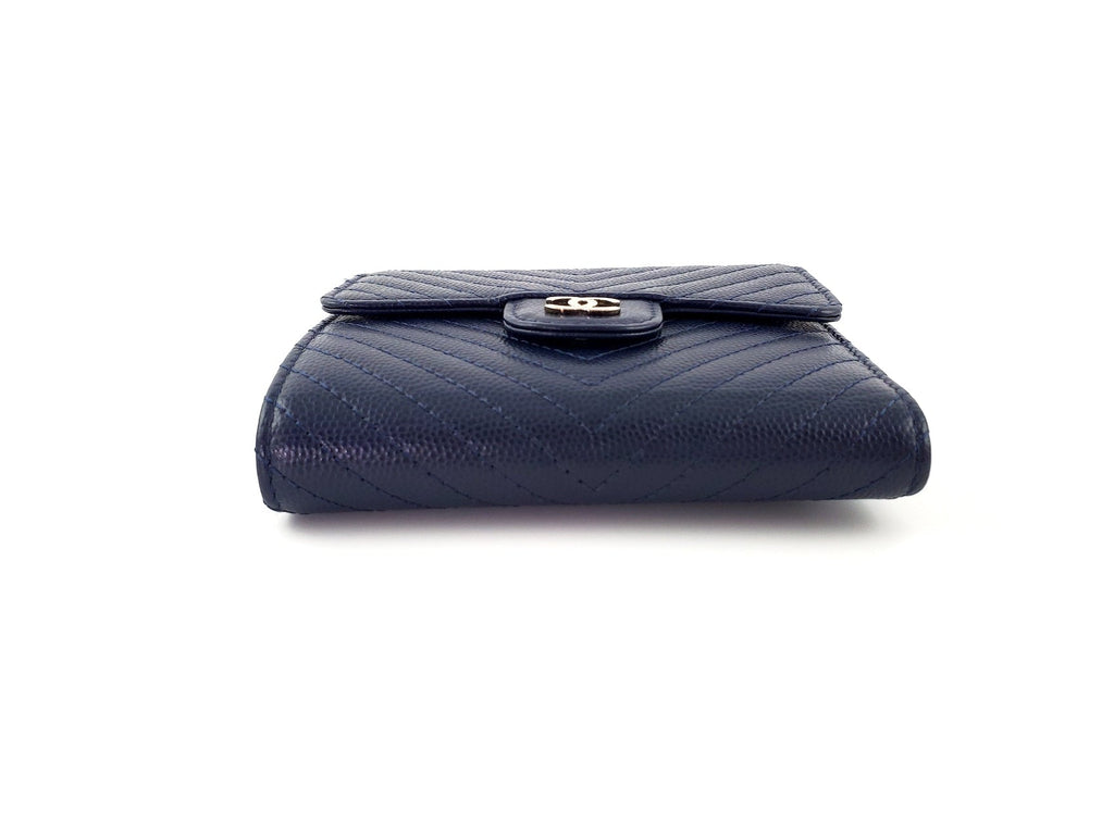 CHANEL Classic Navy Caviar Compact Quilted Flap Chevron Wallet