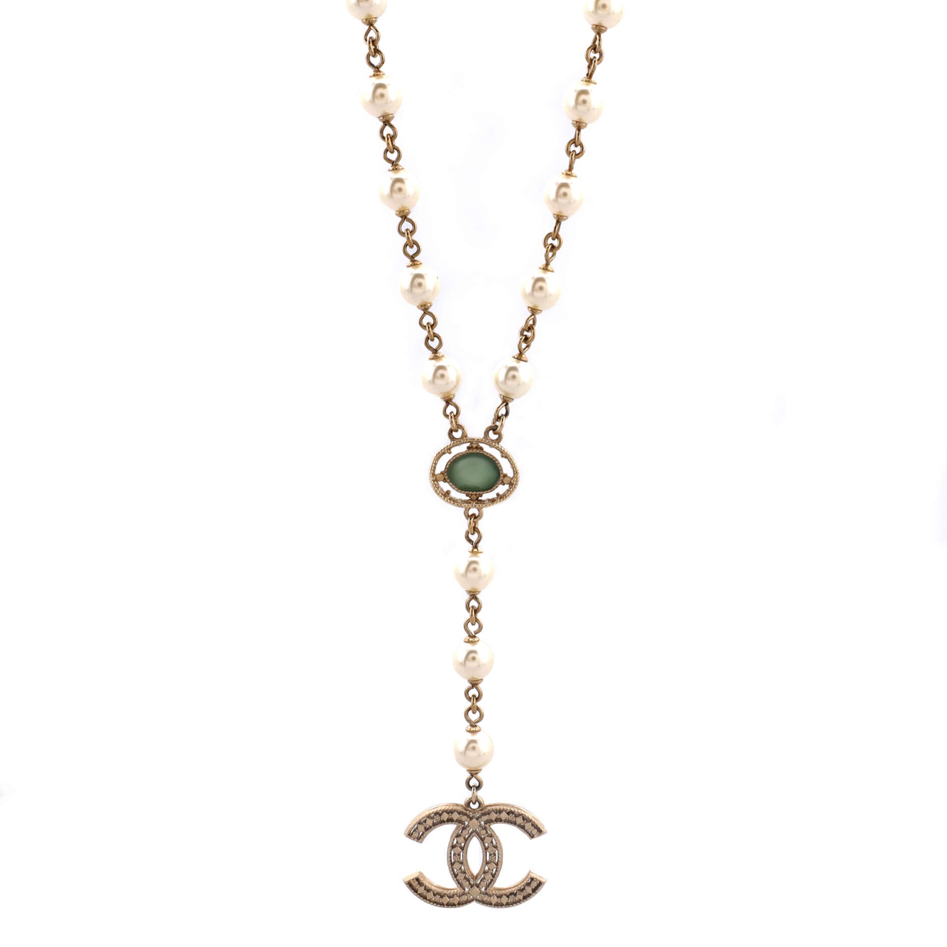 CC Long Necklace Faux Pearls and Metal with Enamel