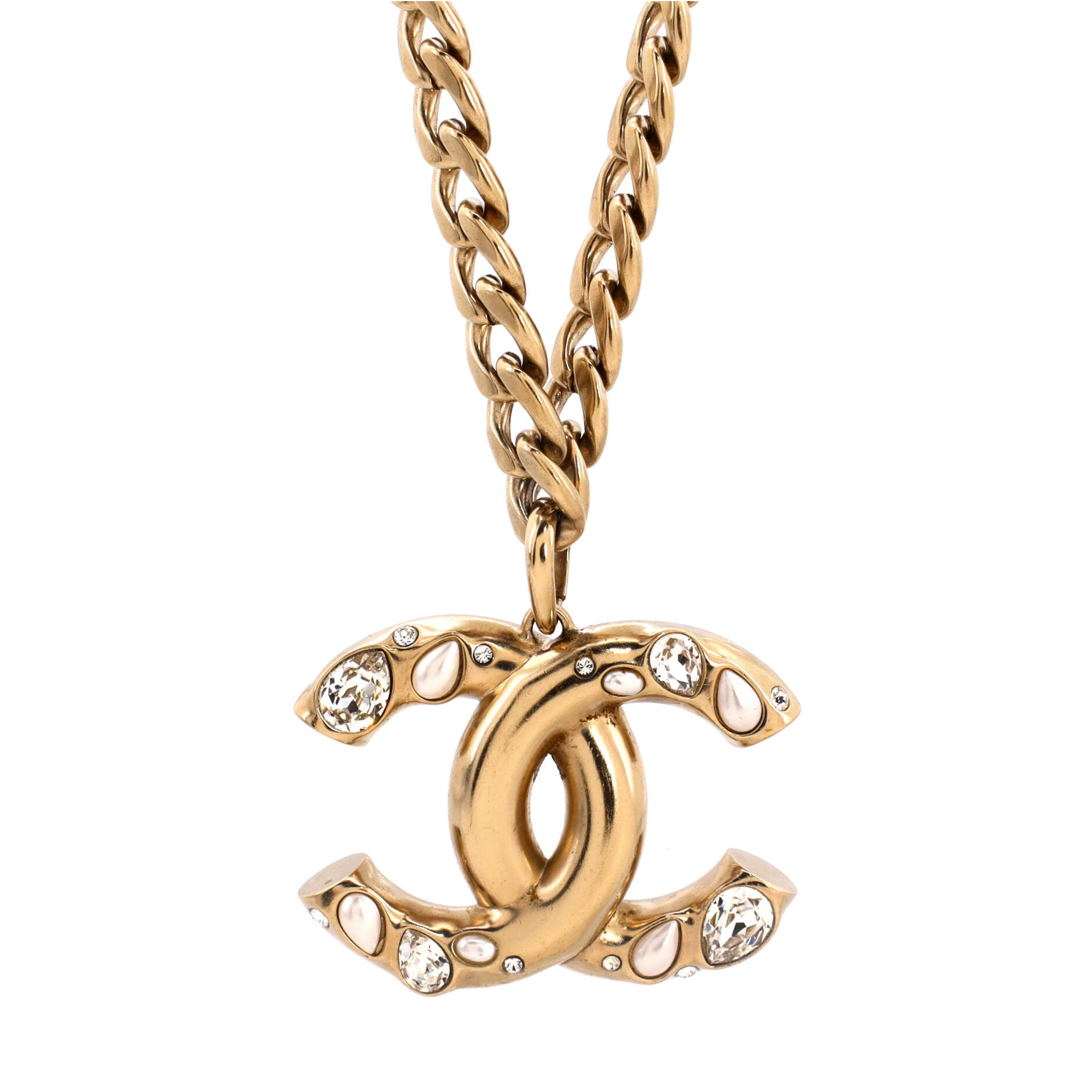 Giant CC Pendant Necklace Metal with Crystal and Faux Pearl