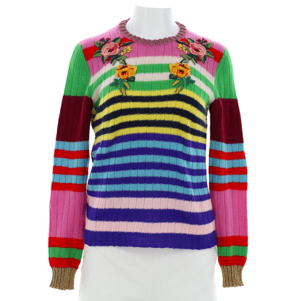 Women's Striped Crewneck Sweater Embroidered Wool Blend