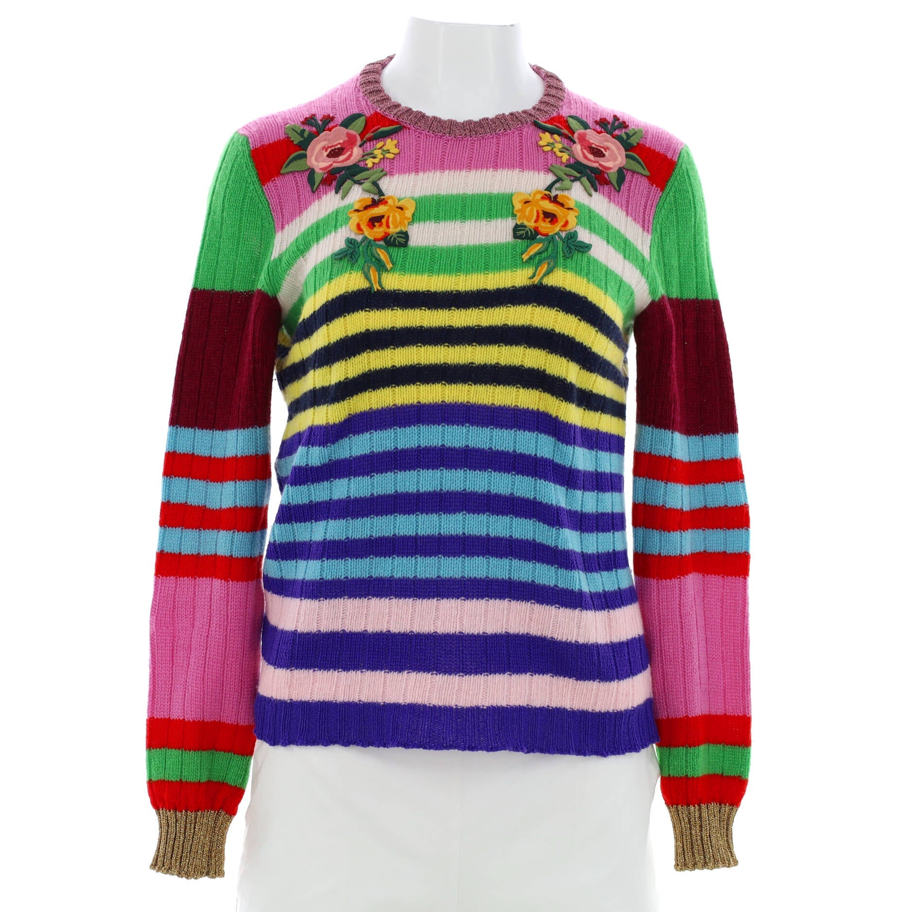 Women's Striped Crewneck Sweater Embroidered Wool Blend