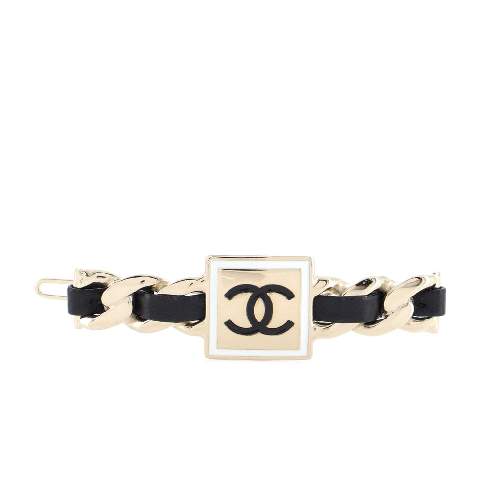 Square CC Chain Hair Clip Barrette Metal with Leather