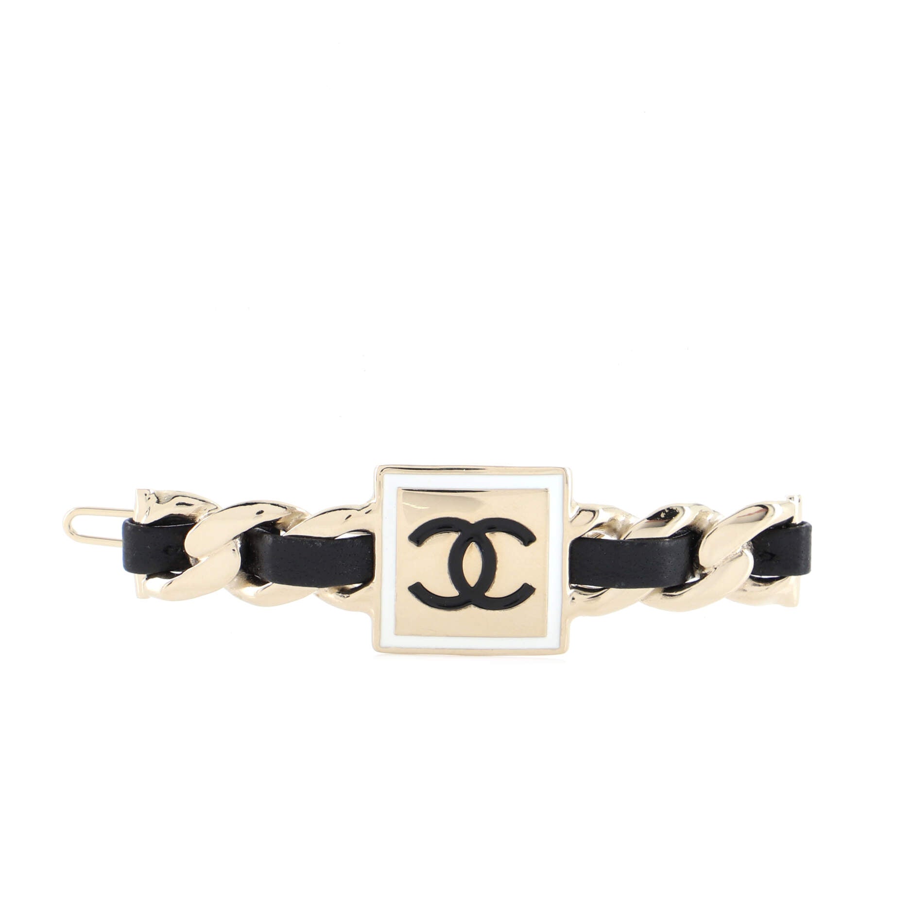 Square CC Chain Hair Clip Barrette Metal with Leather