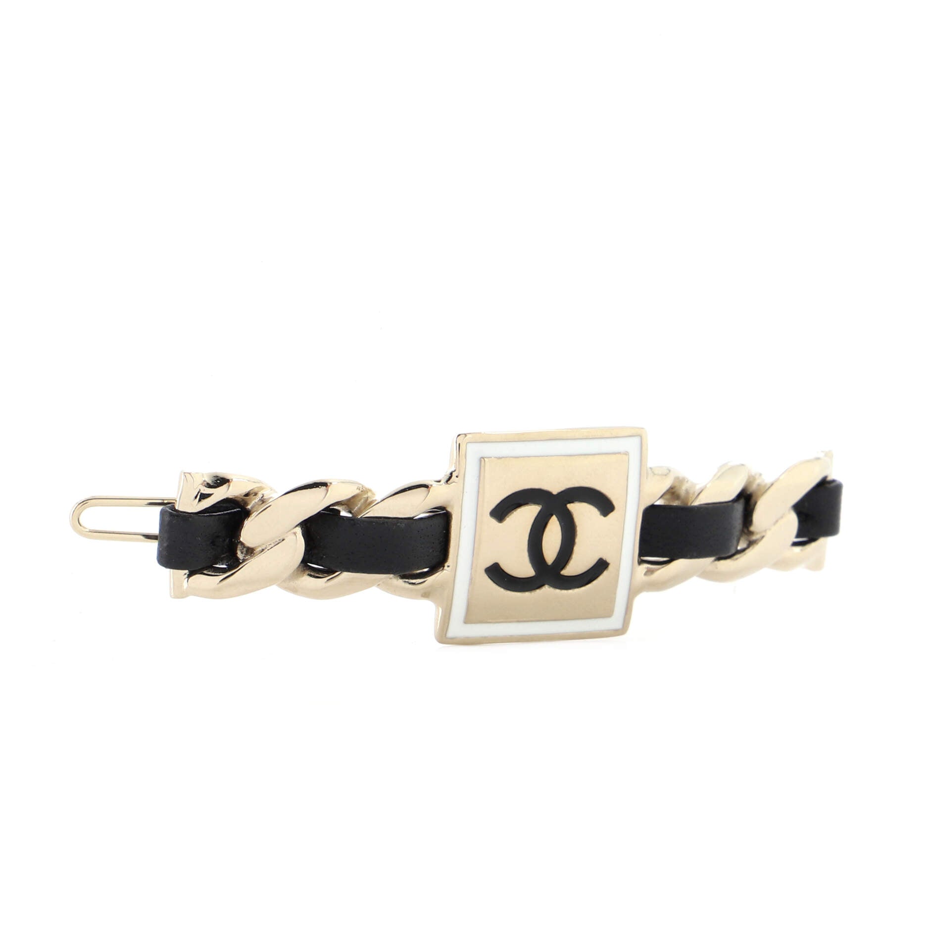 Square CC Chain Hair Clip Barrette Metal with Leather