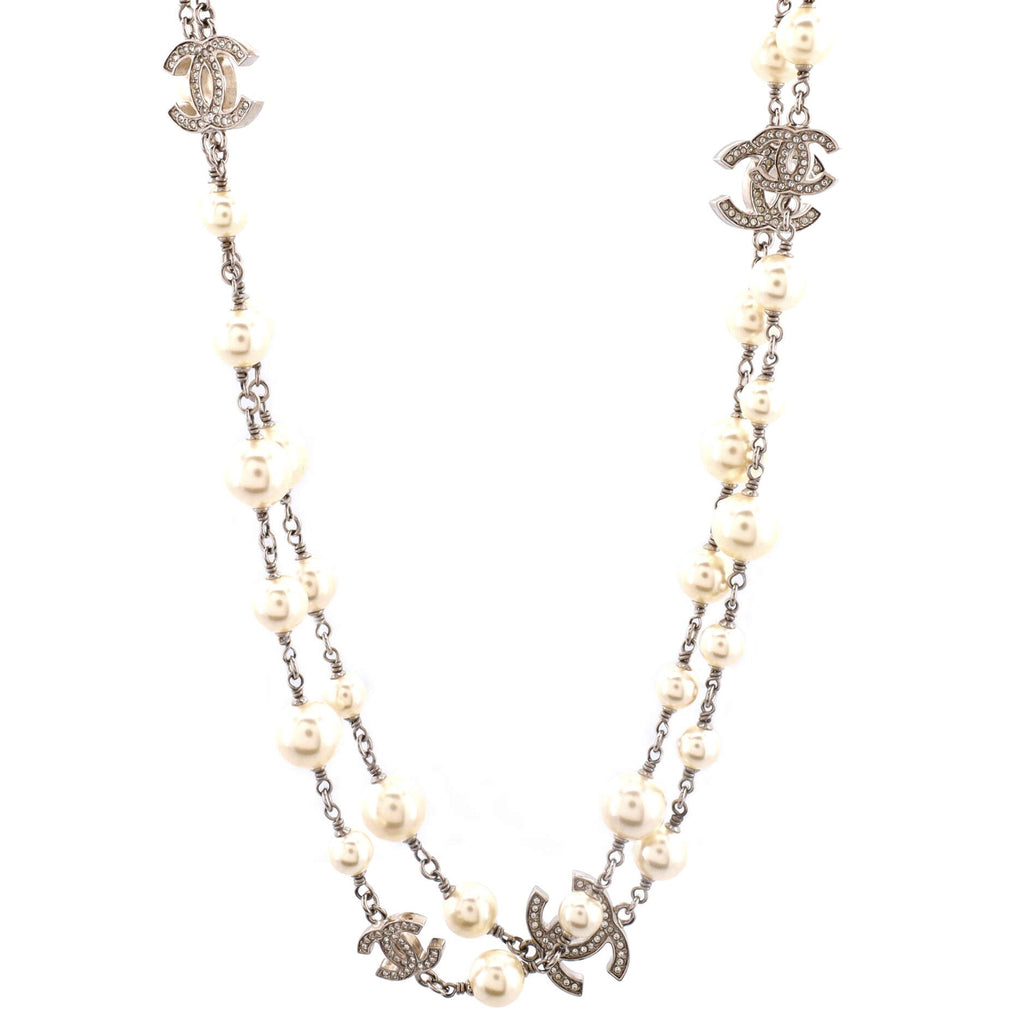 CC Station Long Necklace Metal with Faux Pearls and Crystals