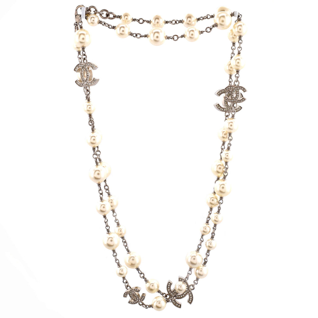 CC Station Long Necklace Metal with Faux Pearls and Crystals