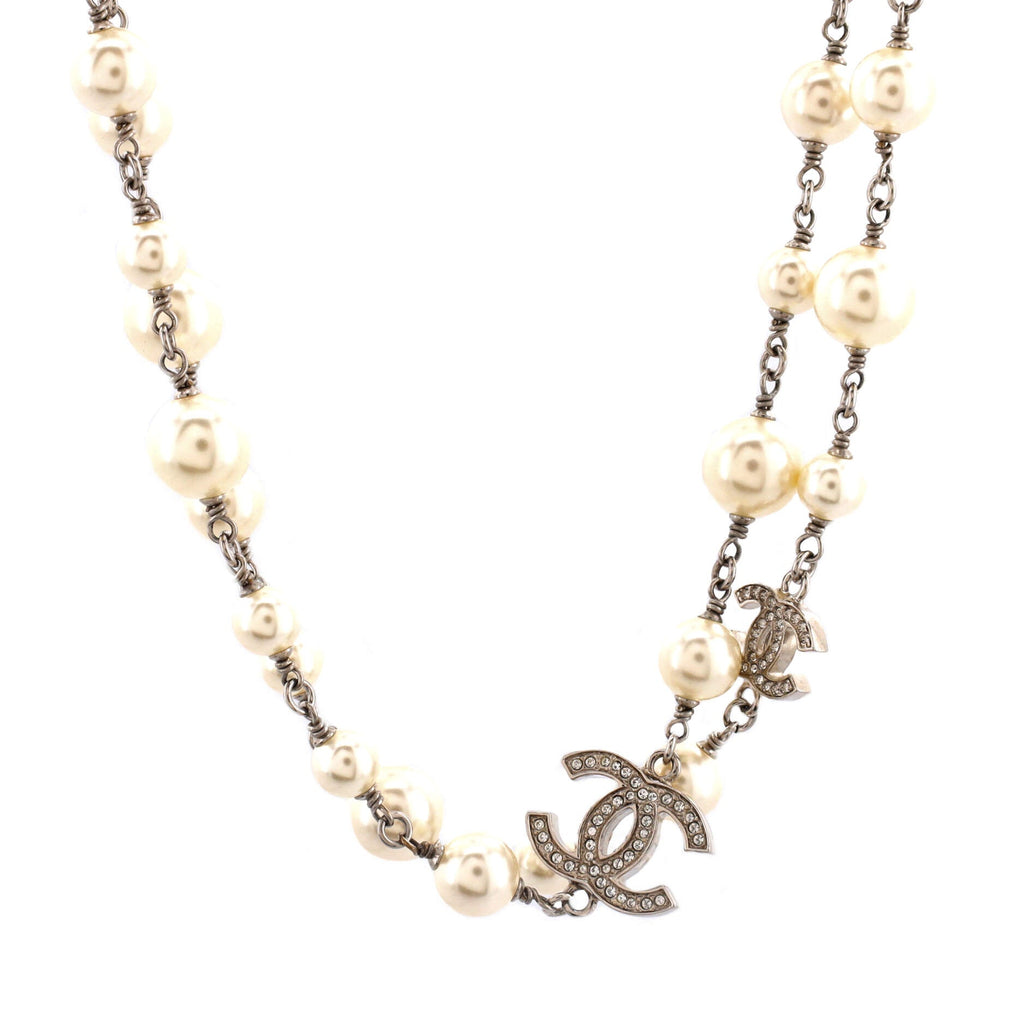 CC Station Long Necklace Metal with Faux Pearls and Crystals